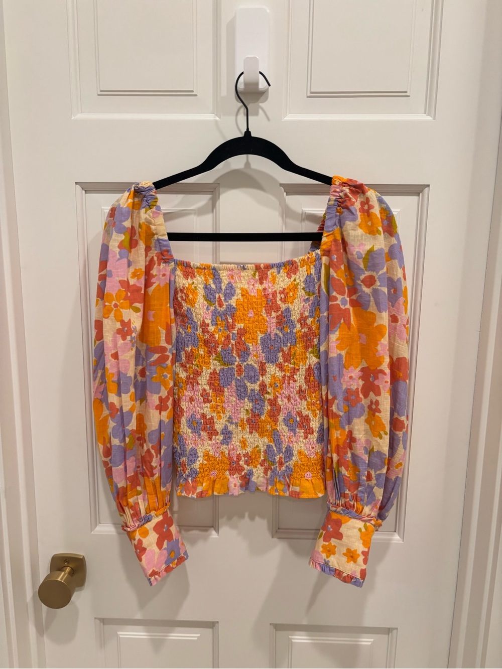 Floral Smocked Square-Neck Top in Orange & Lavender